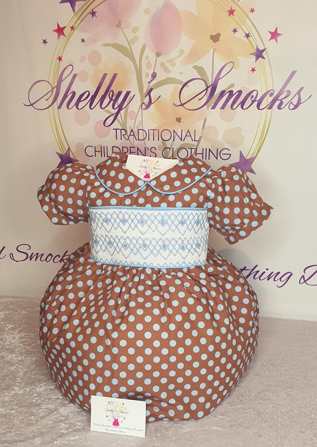 Brown & Baby Blue Polka dot smock dress  *made to order*