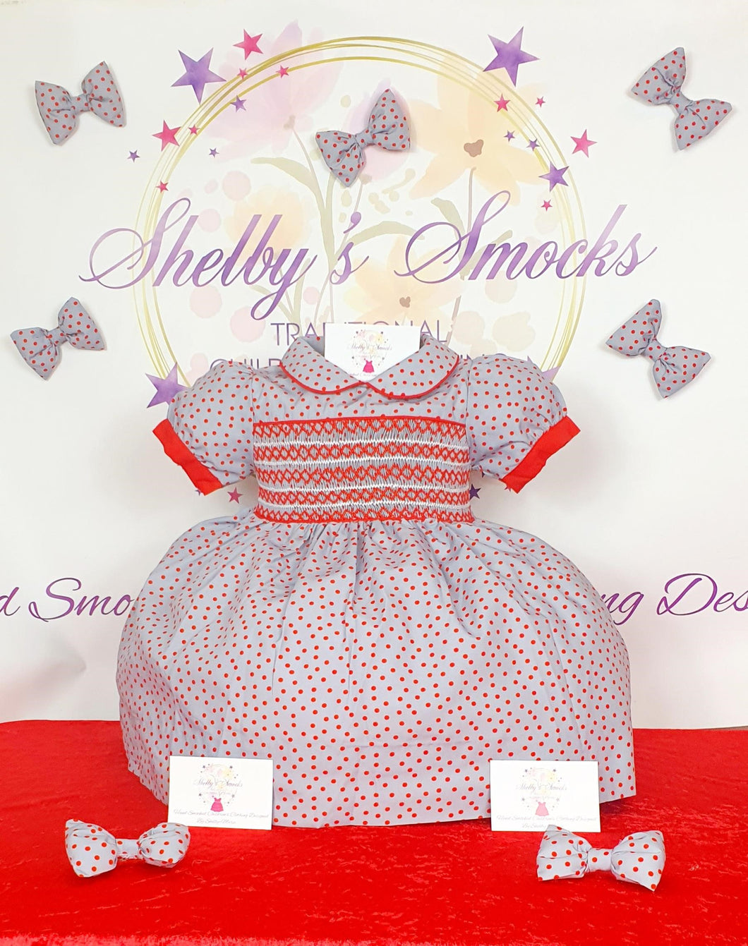 Grey and red polka dot smock dress 12 months READY TO POST