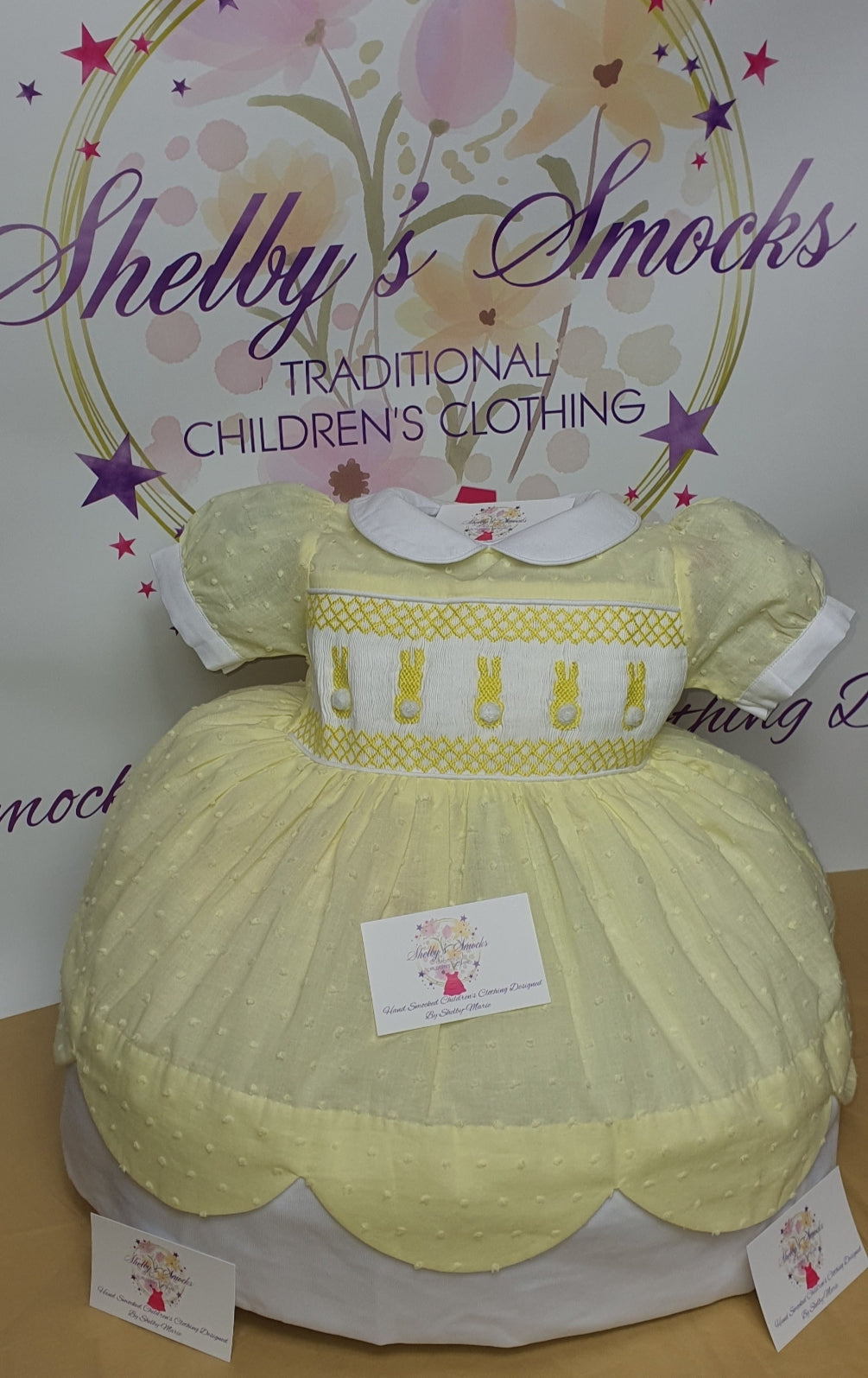 Lemon Swiss Dot Bunnies Smock Dress *made to order*