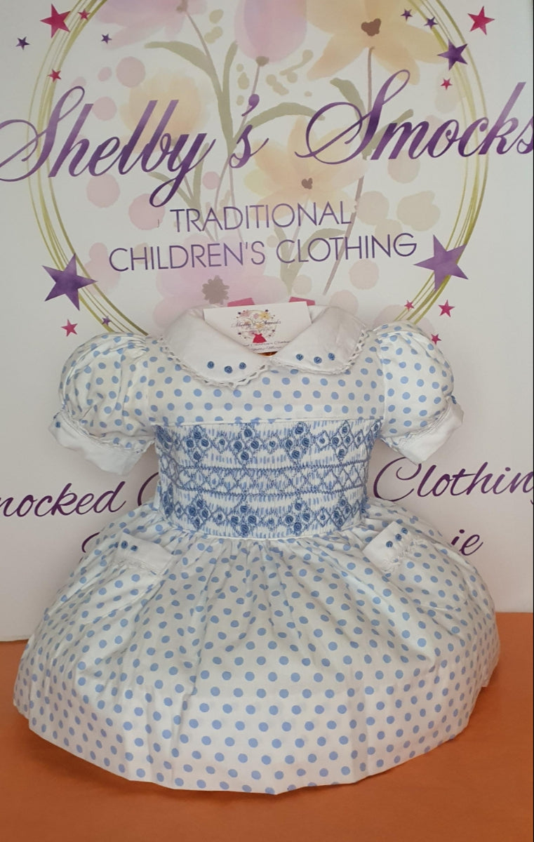 *MADE TO ORDER* White with blue polka dots smock dress