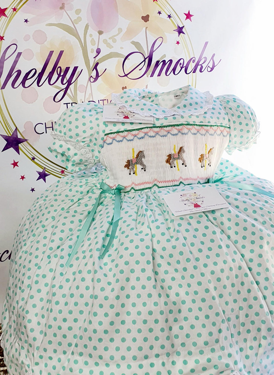 *MADE TO ORDER* Mint Polka Dot Carousel Smock Dress