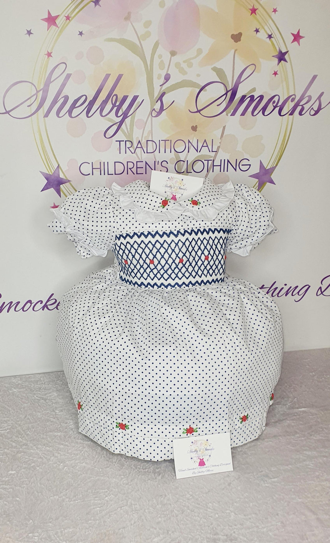 *MADE TO ORDER* White & Navy polka dot smock dress