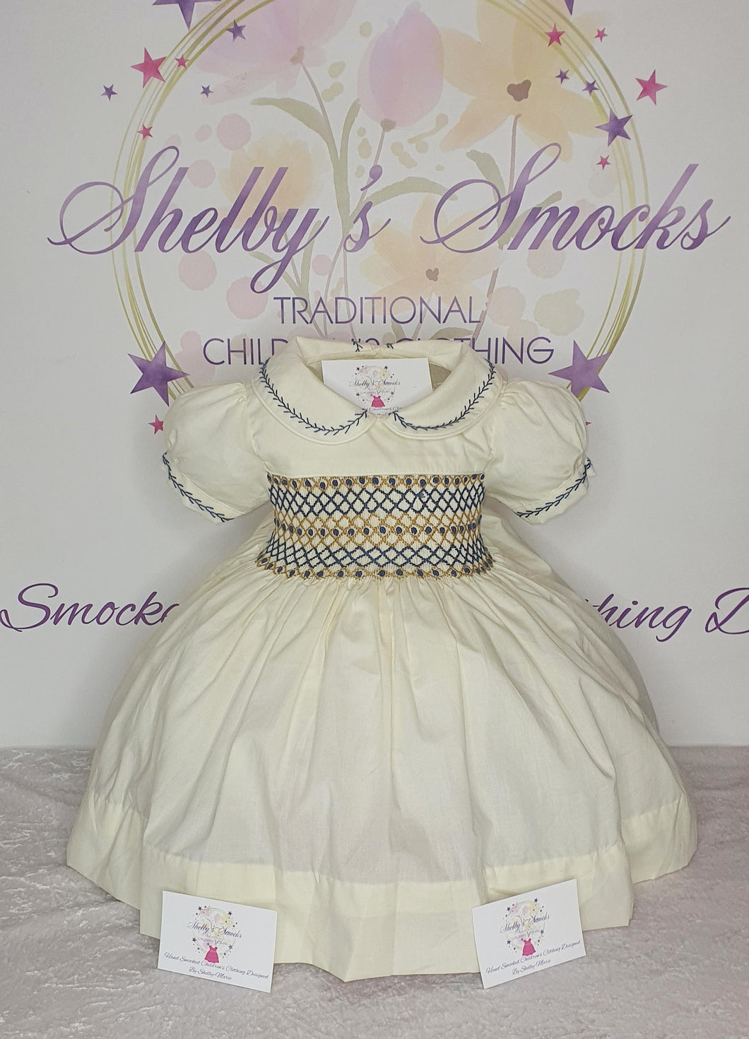 Cream Dress with Navy & Tan Smocking *made to order*