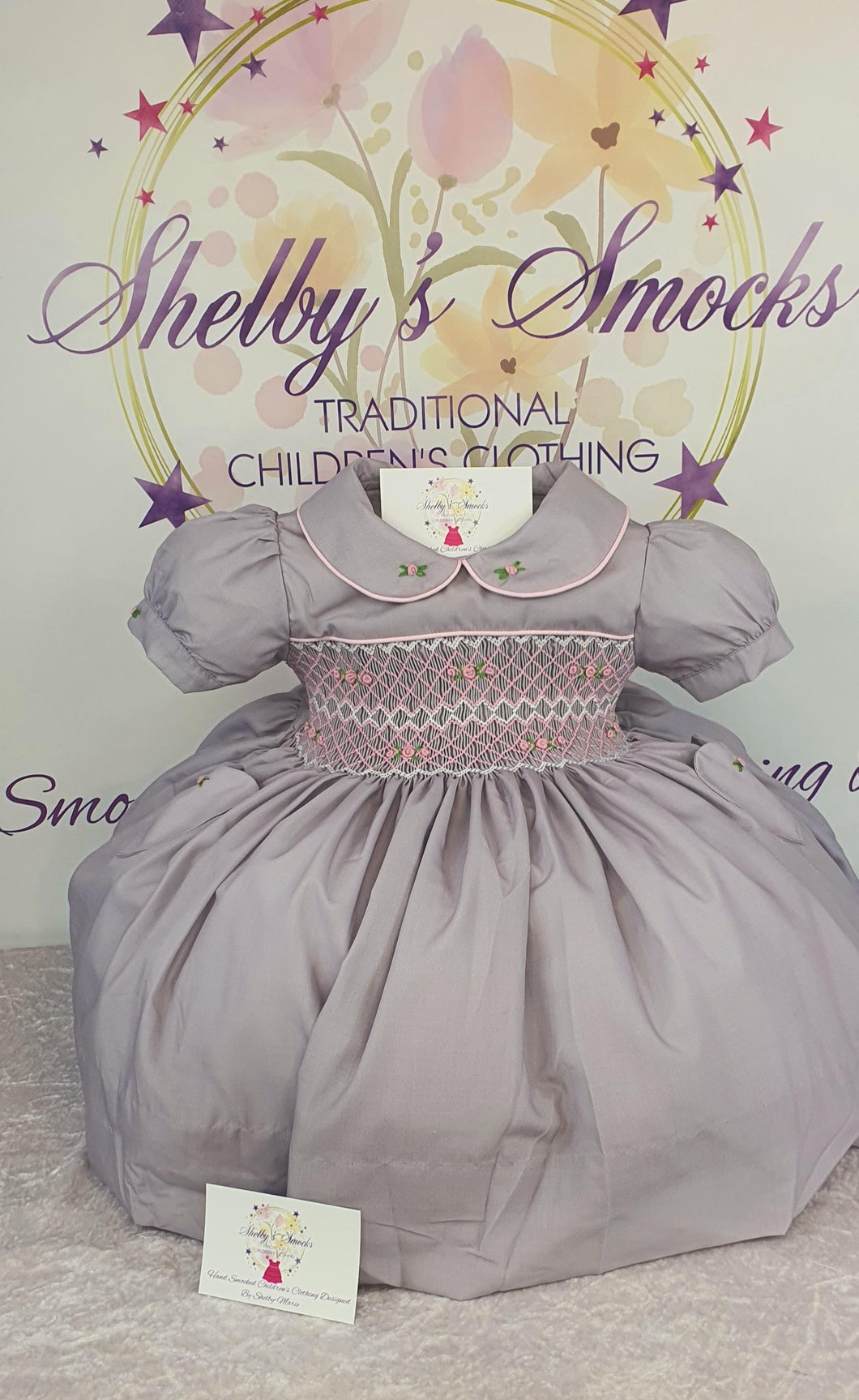 Grey Smock Dress with baby pink smocking *MADE TO ORDER*